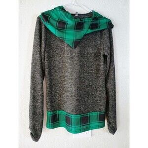 Women's Hooded Color Block Green Plaid Shirt Sweatshirt Pullover Sweatshirt Top